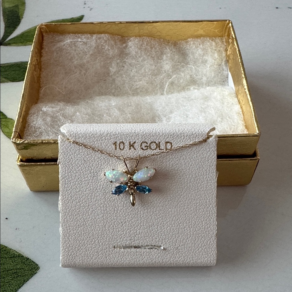 10K Gold Butterfly Necklace with Opal and Blue Topaz Gemstones - Picture 2 of 2